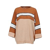 Women?s Long Sleeves Knit Jumper Sweater Casual Oversized Round Neck Striped Print Blouse Loose Color Block Pullover Top
