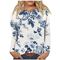 Womens Long Sleeve Tops Sexy Fashion Flower Print Crewneck Casual Shirt Fall and Winter Loose Fit Work Blouses