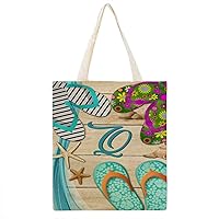 Summer Flip Flops Flag Letter Initial Q Canvas Tote Bag with Handle Cute Book Bag Shopping Shoulder Bag for Women Girls