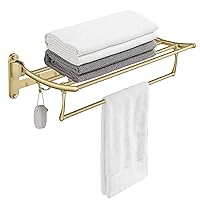 BESy 24 Inch Brushed Gold Towel Racks, Bathroom Towel Shelf with Foldable Towel Bar Holder and Towel Hooks, Wall Mounted Multifunctional Bathroom Accessories, Double Towel Bars
