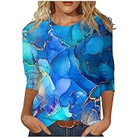 Spring Outfits for Women, Womens Shirts Dressy Casual Holiday Tops for Women 2024 Trendy Women's Casual Fashion Print Round Neck Three Quarter Sleeve T-Shirt Top Cute Tops (Blue,XXL)