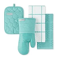 KITCHENAID Quilted Cotton Terry Cloth Oven Mitt, Pot Holder, Kitchen Towel 4-Pack Set, Heat Resistant, Silicone Grip, Gift Set, Aqua Sky, 16