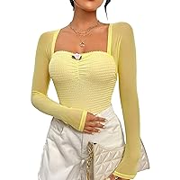 Women Floral Lace Long Sleeve Square Neck Crop Top Slim Fit Going Out Tops Stretch Cropped Y2K Tee Shirt Blouses