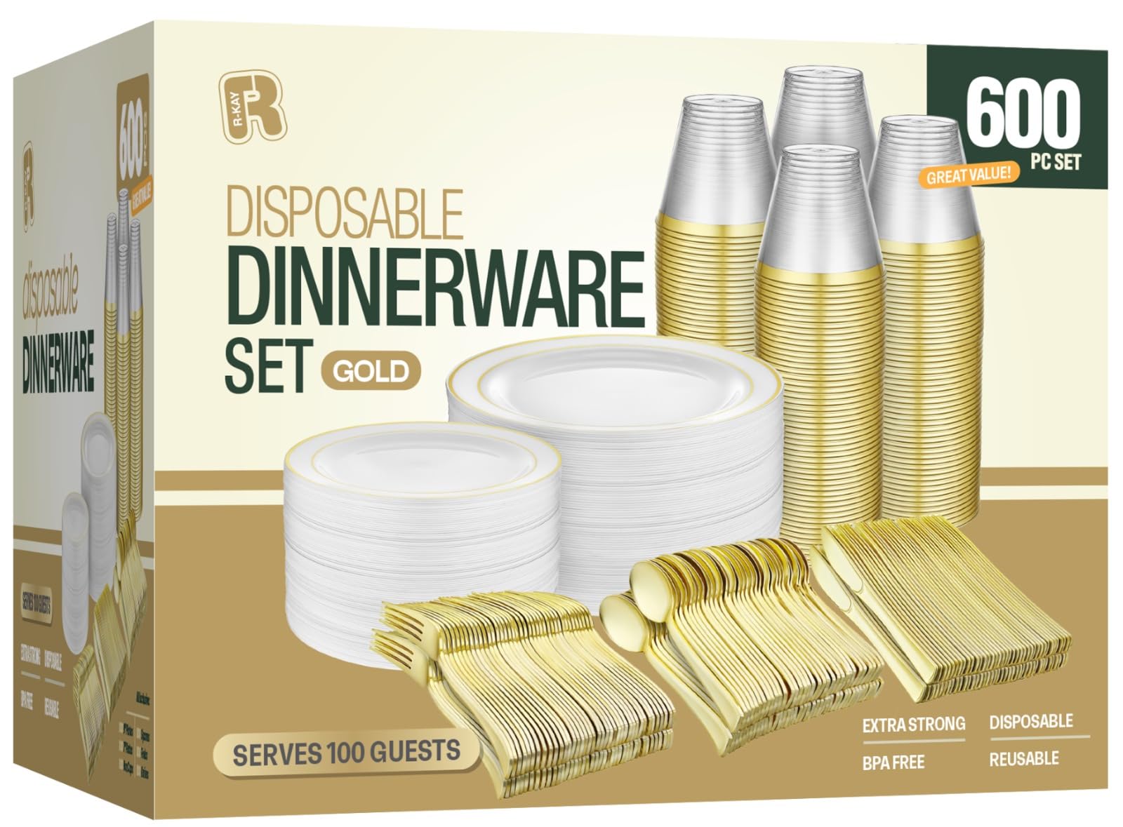600pcs Plastic Dinnerware Set 100 Guest, Gold Plastic plates for party, Gold Party Plates Sets For 100 Guests, Premium Wedding Plates Disposable Set 100 Guests Includes Plates, Cups, And Cutlery.
