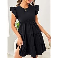 Dresses for Women - Flutter Sleeve Keyhole Back Ruffle Hem Dress (Color : Black, Size : Small)