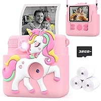 Kids Camera Instant Print with Silicone Cover, Creative Gifts for Girls Age 4-12 Birthday Christmas, 1080P Digital Camera Toy with 32GB SD Card - Pink