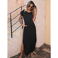 Summer Dresses for Women 2022 Cold Shoulder Hidden Pocket Split Hem Dress (Color : Black, Size : L)