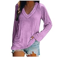 Womens T Shirts Basic V Neck Tee Loose Fitting Casual Long Sleeve Tops Fall Plus Size Work Pullover Blouse Daily Wear