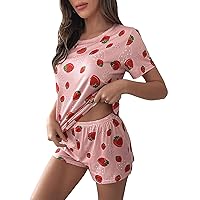 GORGLITTER Women's 2 Piece Heart Pajama Set Short Sleeve Crewneck Tee with Shorts Cute Pjs Loungewear