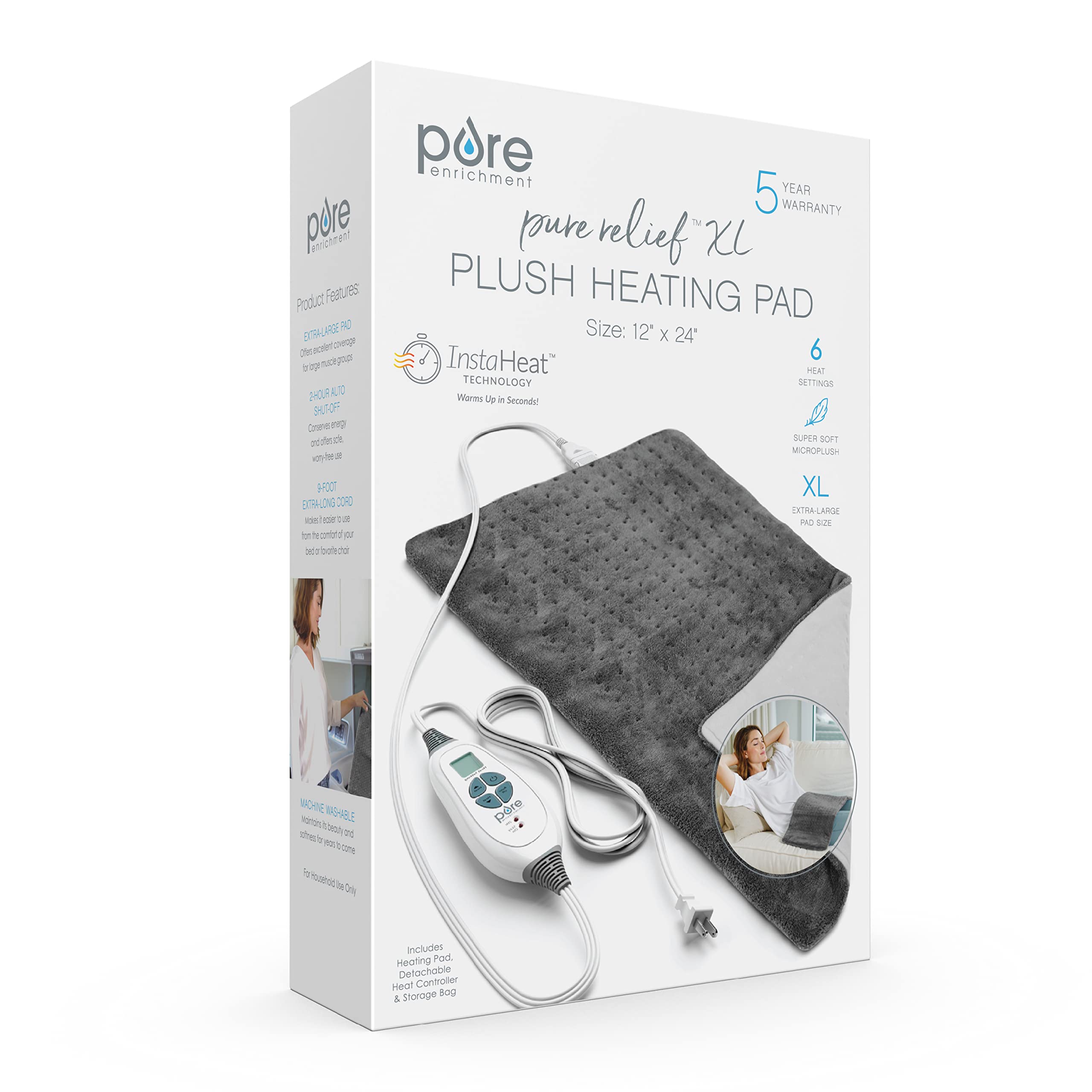 Pure Enrichment® PureRelief™ XL Heating Pad - LCD Controller with 6 InstaHeat Settings for Cramps, Back, Neck, & Shoulder Pain Relief, Moist Heat Option, Machine Washable, 12