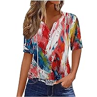 Women 4th of July Patriotic Tops Summer Funny Art Star Print Henley Shirt Casual Short Sleeve Colorful USA Flag Tees