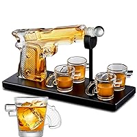 Bezrat Whiskey Gun Decanter Set with 4 Gun Shaped Shot Glasses on on Mahogany Tray - Old Fashioned Bourbon Liquor Drinks Rocks Glasses Dispenser Set, Gift Box