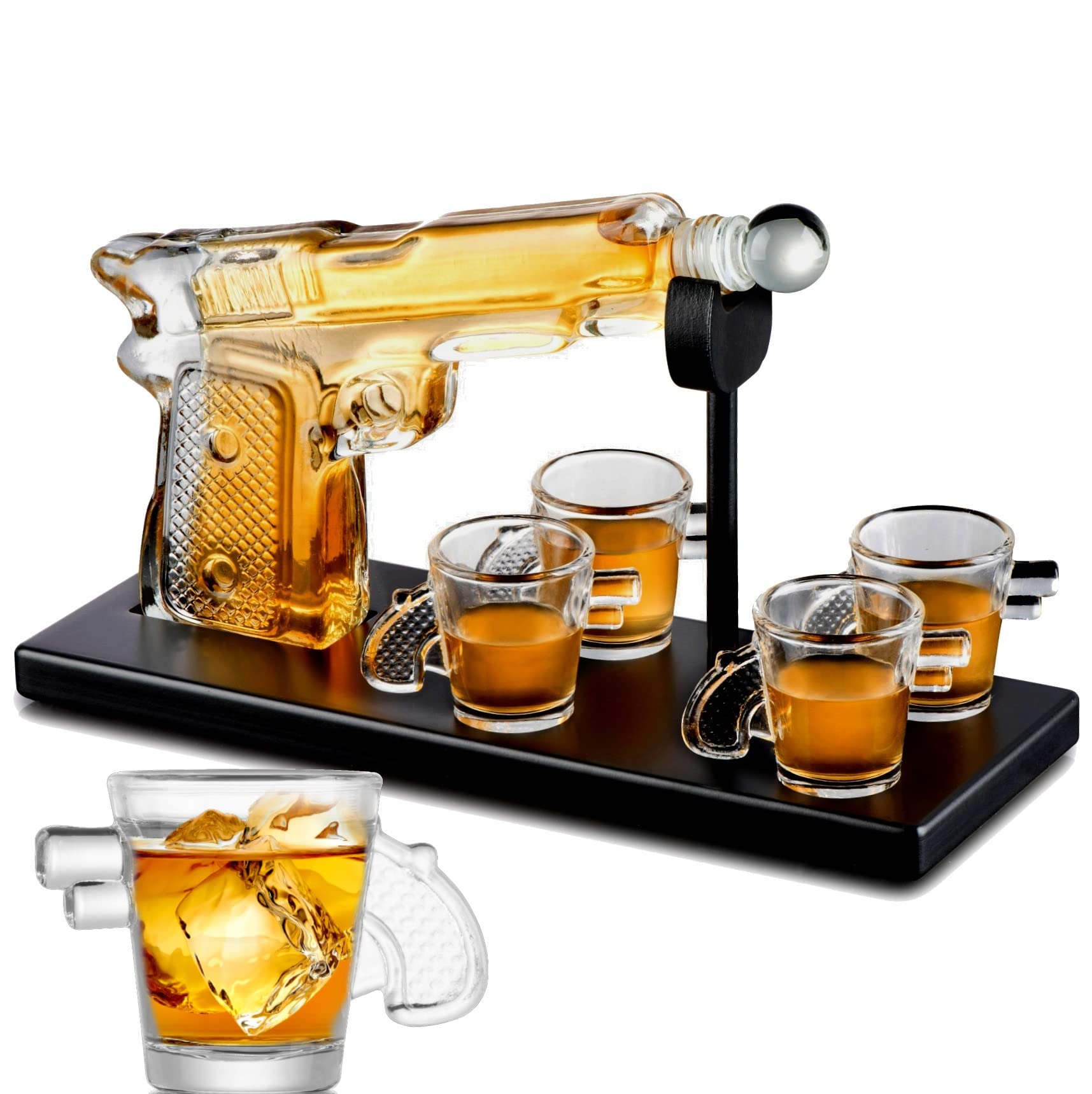 Bezrat Whiskey Gun Decanter Set - Whiskey Gun Decanter with 4 Gun Shaped Shot Glasses on on Mahogany Tray - Old Fashioned Bourbon Liquor Drinks Rocks Glasses Dispenser Set, Whiskey Gift Box