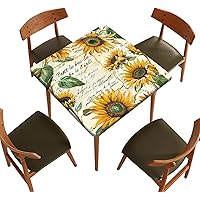 Floral Fitted Tablecloth Square, Gold Yellow Flower Elastic Edge Table Clothes Washable Table Cover Polyester Home Decoration Tablecloths for Living Room Kitchen Use, Fit for 30