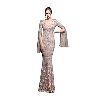 Womens Mermaid Long Prom Evening Dress Gown Sexy V Neck Sequins Long Sleeves Formal Party Cocktail Dresses