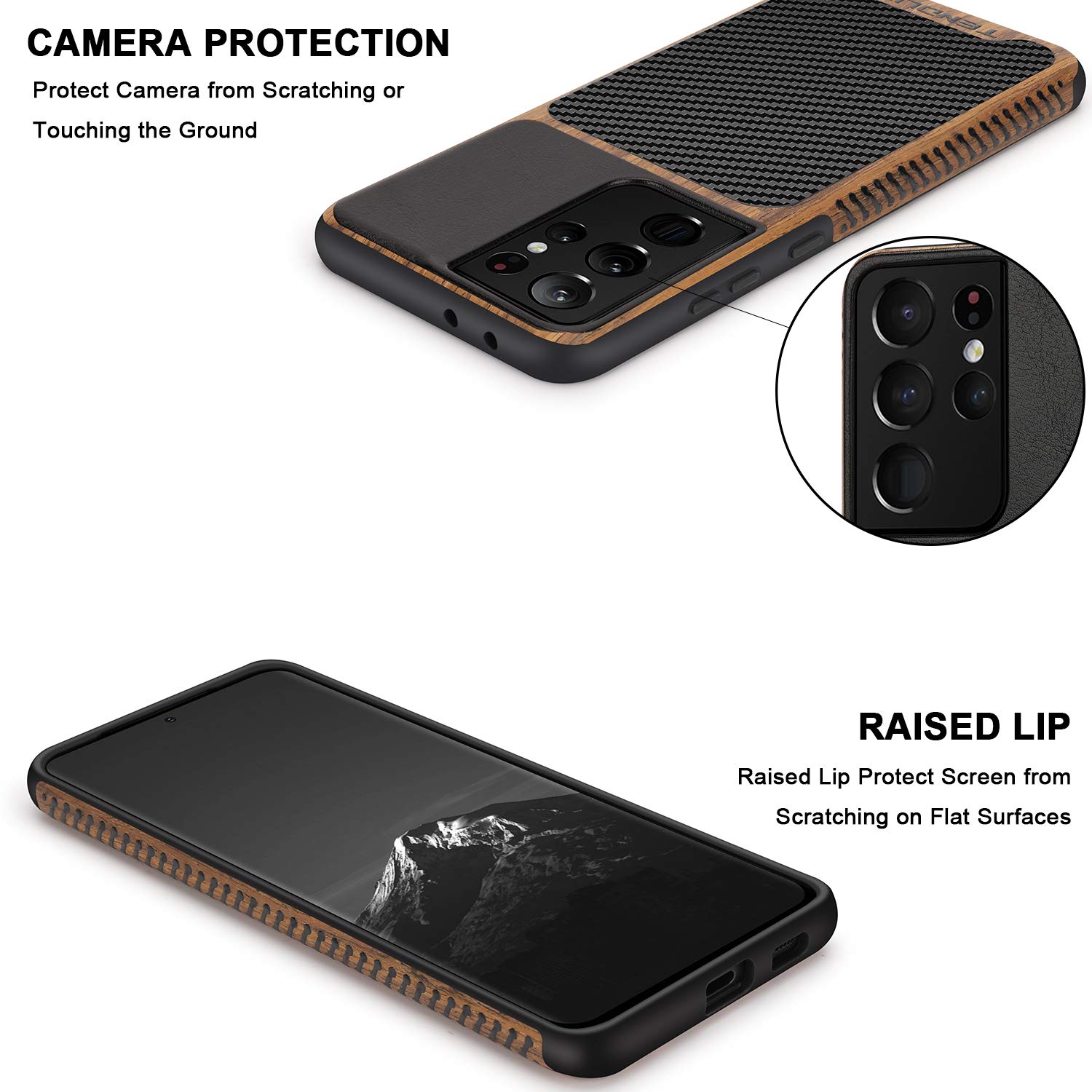 TENDLIN Compatible with Samsung Galaxy S21 Ultra Case Wood Grain with Carbon Fiber Texture Design Leather Hybrid Case (Black)