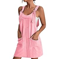 Women Plus Size Overall Dress Summer Casual Scoop Neck Sleeveless Suspender Short Overall Dress with Front Patch Pockets