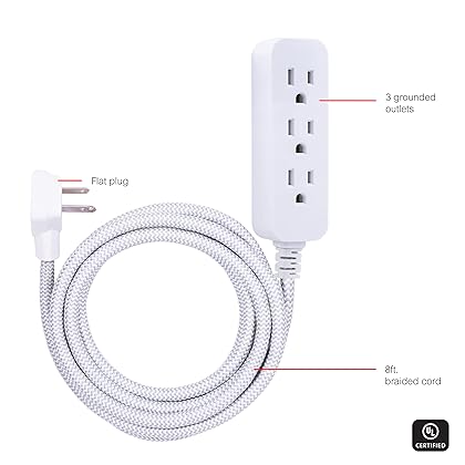 GE 3-Outlet Power Strip Surge Protector 8 Ft Braided Long Cord Extension Cord Surge Protector Power Strip Flat Plug Extension Cord 250 Joules UL Listed White 38433