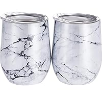 D&G 2 Pack 12 Oz Unbreakable Triple-Insulated Stemless Wine Tumbler, Stainless Steel Wine Glass Cup with Lids, Drink-Ware Glasses for Wine, Coffee, Champagne, Cocktails and Beer (Marbling)