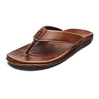 OLUKAI Auinala Men's Sandals, Leather, Lightweight Flip-Flop Slides, Compression Molded Footbed