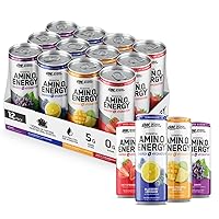 Amino Energy Sparkling Hydration Drink, Electrolytes, Caffeine, Amino Acids, BCAAs, Sugar Free, 12 Fl Oz, Variety Pack of 12 (Packaging May Vary)