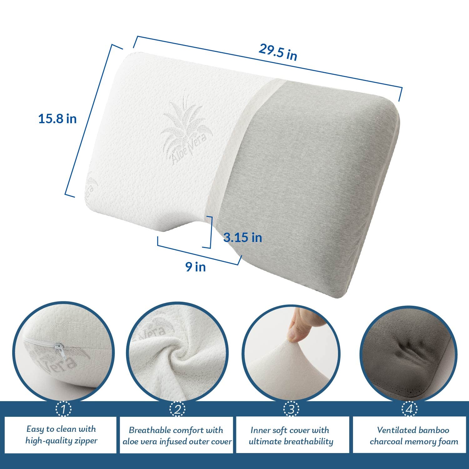 MLILY Side Sleeper Pillow, Cervical Pillow for Neck Pain, Cool Bamboo Charcoal Infused Memory Foam Pillow, Aloe Vera Skin Friendly, Medium Firm, 30x16 Inches