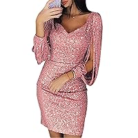 Andongnywell Women's Sparkle Glitzy Glam Sequin V Neck Long Sleeve Part Dress Sequins Glitters Sexy Mini Dresses