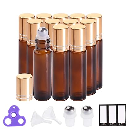 PrettyCare Essential Oil Roller Bottles 10ml (Amber Glass, 12pack, 2 Extra Roller Balls, 24 Labels, Opener, 2 Funnels Roller Balls For Essential Oils, Roll on Bottles