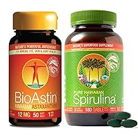 BioAstin Hawaiian Astaxanthin 12mg 50 Count + Pure Hawaiian Spirulina 1000 mg Tablets 180 Count | Bundle