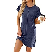 T Shirt Dresses for Women Causal Short Sleeve Round Neck Loose Fit Mini Dress Plain Fit Flowy Simple Swing Tunic Dress