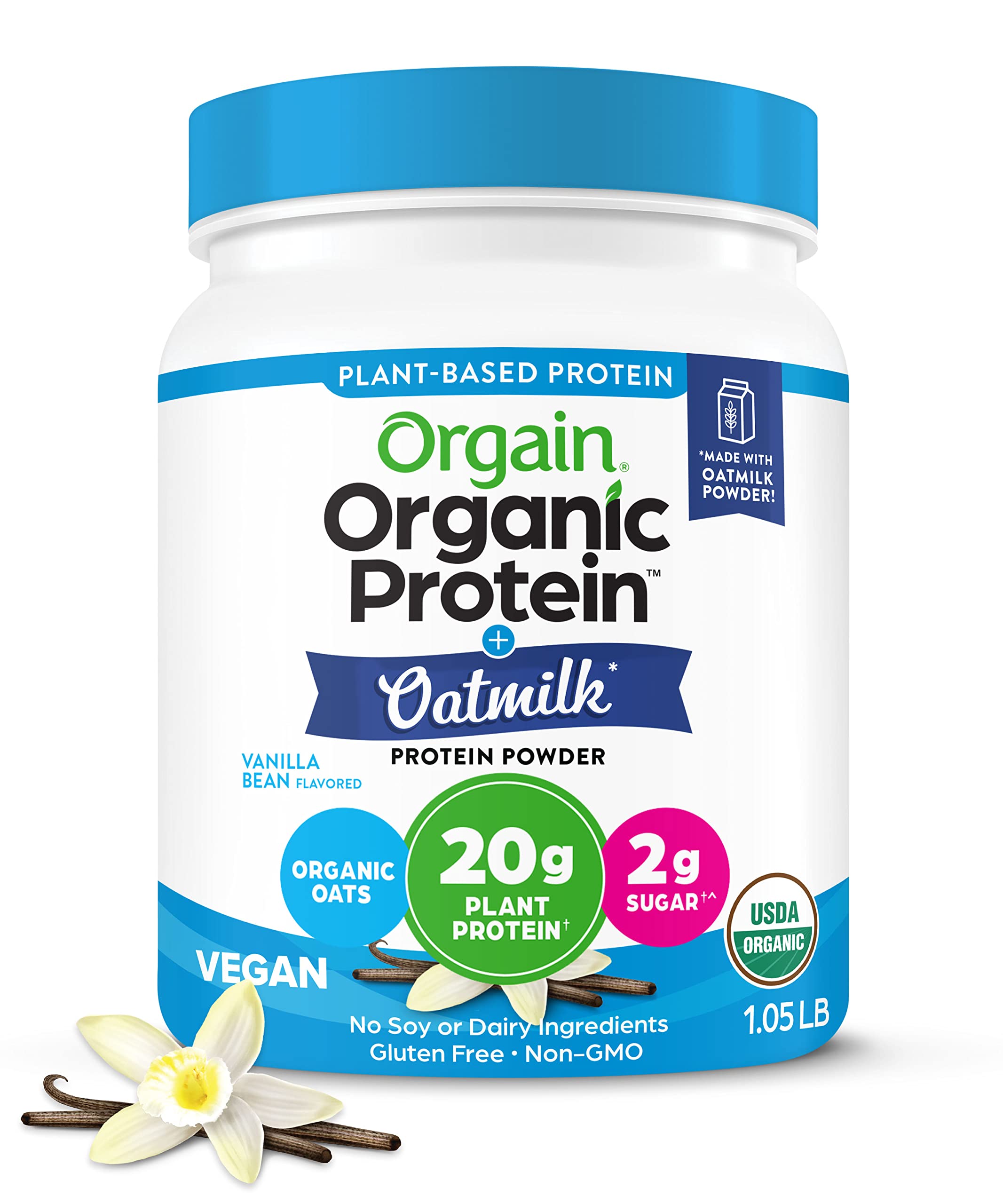 Orgain Organic Vegan Protein Powder + Oat Milk, Vanilla Bean - 20g Plant Based Protein with Milk from Oats, Gluten Free, Dairy Free, Lactose Free, Soy Free, Low Sugar, Non GMO, Kosher - 1.05lb
