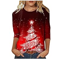 Merry Christmas 3/4 Sleeve Tops for Women Cute Xmas Tree Tshirts Plus Size Crew Neck Blouse Soft Holiday Pullover Tees