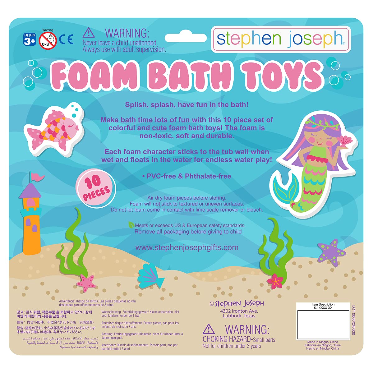 Stephen Joseph, Floating Foam Bath Character 10-Piece Toy Set, Mermaid