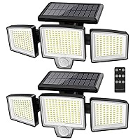 Solar Wall Security Flood Lights, 265 LED 2800LM with Motion Senor, Outdoor, Remote Control, 3 Lighting Modes, 3 Heads, 270° Wide, IP65 Waterproof, 2 Packs