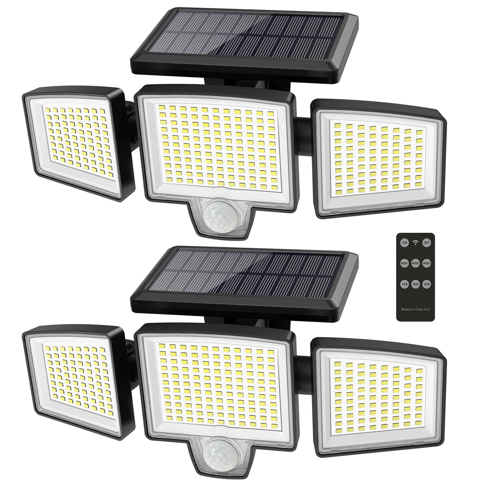 Atronor Solar Outdoor Lights, 265 LED 2800LM Security Flood Lights with Motion Senor, Remote Control, 3 Lighting Modes, 3 Heads Outside Lights, 270° Wide Lighting, IP65 Waterproof Wall Light, 2 Packs