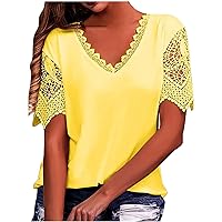 Women Hollow Sleeve Blouses Dressy Elegant Summer Tops Crochet V Neck Tunic Shirts Loose Trendy Casual T Shirt