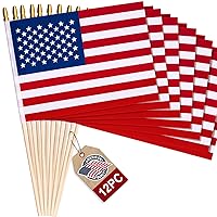12 Pack Small American Flags on Stick, 8x12 Inch Mini US Hand Held Wooden Stick Flags with Spear Top, 4th of July Independence Day Decoration for Outdoor Outside USA Decor