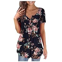 Womens Plus Size Shirts V Neck Casual Tunic Tops 2024 Summer Fashion Short Sleeve Floral Print Loose Fit Blouse for Leggings