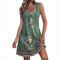 Business Casual Dress for Women, Summer T Shirt Dresses Boho Floral Print V Neck Casual Loose Flowy Swing Sleeveless Dress Vestido De Verano para Mujer 2024 Dress Bodycon (XXL, Army Green)