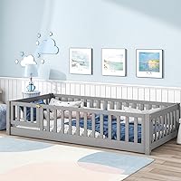 Twin Size Floor Bed with Safety Guardrails and Door and Slats, Toddler Floor Bed Frame for Girls and Boys, Wood Montessori Floor Bed for Kids, Twin-Grey