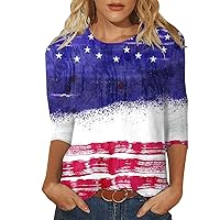 4th of July T-Shirt for Womens Tops Fashion Casual Three Quarter Sleeve Independence Day Print Round Neck Pullover Top Blouse