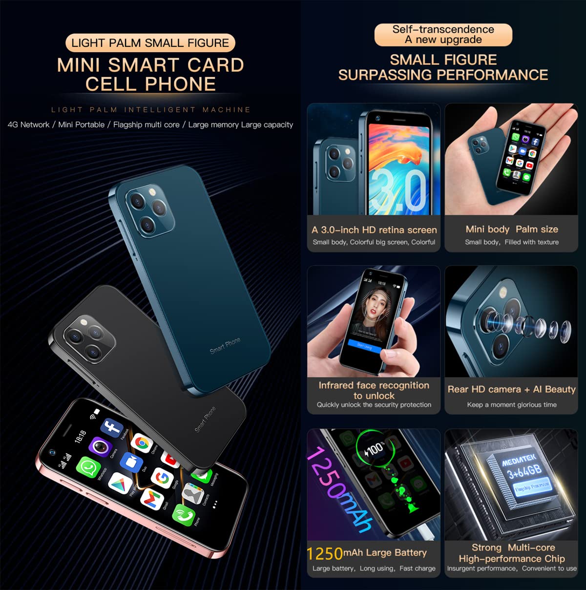 Soyes XS12 Mini 4G Smartphone 3.0 Inch Dual Sim Ultra Thin Unlocked Card Mobile Phone WiFi Bluetooth Hotspot Student Pocket Cellphone (Blue 32GB)