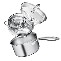 1.5 Quart Stainless Steel Saucepan with Steamer Basket, Tri-ply Construction, Multipurpose Sauce Pan with Double-sized Drainage Lid - Perfect for Cooking Gravies, Pasta, Vegetable and More