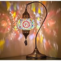 DEMMEX Turkish Moroccan Handmade Colorful Mosaic Gooseneck Table Bedside Lamp Lampshade with Antique Brass Body (Multicolor)