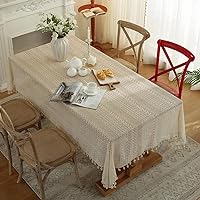 Beige Embroidered Crochet Hole Tablecloth with Tassels, Boho Stripe Geometric Tablecloth for Party Birthday Dinning Table Cloth, Square 35