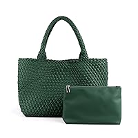 Woven Bag for Women Vegan Leather Tote Large Capacity Travel Handbag and Purse Foldable Retro Handmade Shoulder Bag
