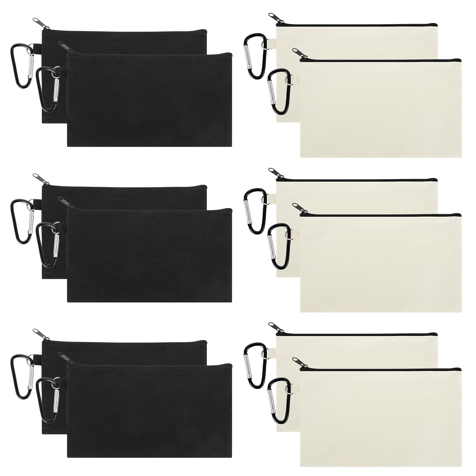 Muka 12 Pack Canvas Purse with Zipper & Metal Clip, 7-3/4 x 4-1/2 Inches Travel Toiletry (Black & Natural)