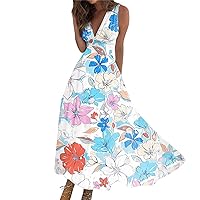 Spring Dress for Women 2024 Casual V Neck Floral Printed High Waisted Corset Spaghetti Strap Long Maxi Dresses