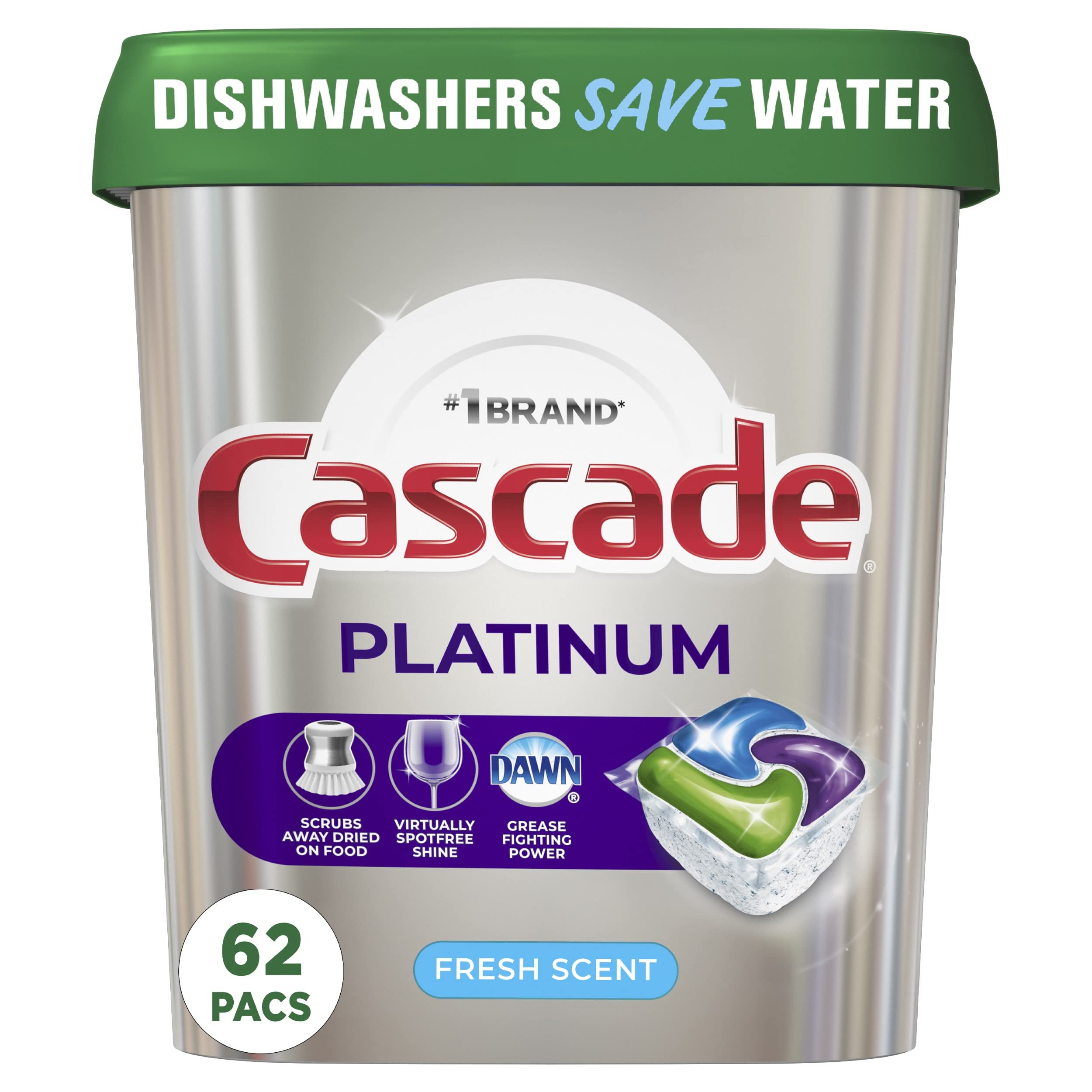 Cascade Platinum, Dishwasher Detergent Pods, Fresh Scent, 62 Pods