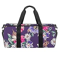 Aesthetic Sketched Flower Print in Purple Kids Sports Gym Duffel Bag, Small Durable Travel Luggage Handbag For Men Women, Lightweight Shoulder Bag